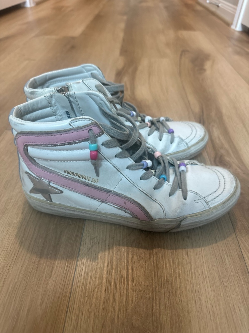 Golden Goose White Leather High-Top Sneakers with Pink Accent - Picture 3 of 7